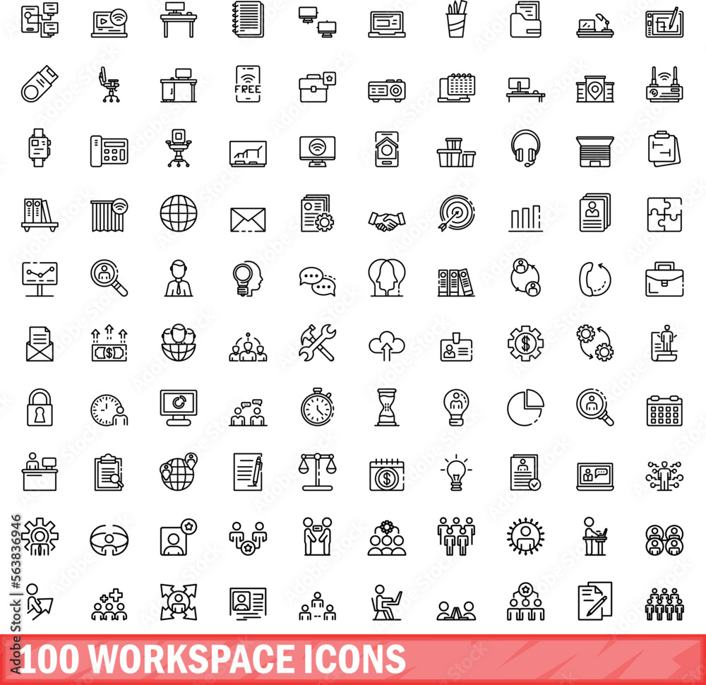 Wall mural 100 workspace icons set. Outline illustration of 100 workspace icons vector set isolated on white background - Wall murals