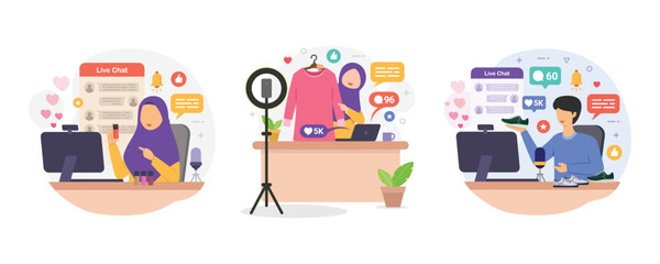 Selling product on live stream. Woman review or selling her product through live streaming design concept vector illustration.