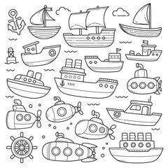 Ship and submarine doodle sketch hand drawn collection vector outline - obrazy, fototapety, plakaty