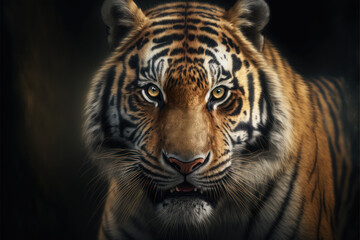 Fototapeta na wymiar Potrait eines Tigers mit verschwommenen Hintergrund - KI Generiert