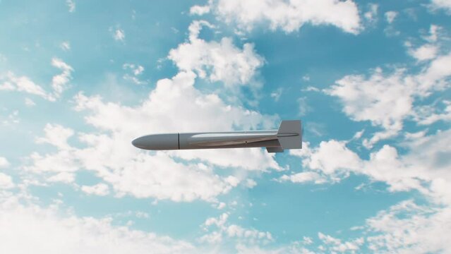 Military Drone Kamikaze Flight in the Sky Close-up 3d Animation. Battle UAV Flying on Cloudscape Background. Modern Military Copter Technology Concept. 4k UHD 3840x2160.