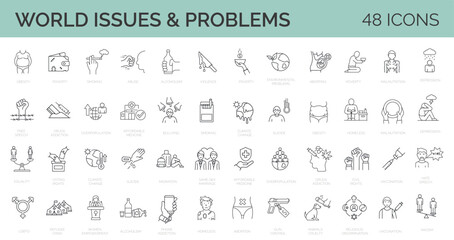 Fototapeta Set of 48 icons related to social issues, problems, rights. Line icon collection. Editable stroke. Vector illustration obraz