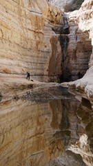 A photographer next to the waterfall in the canyon of the En Avdat National Park in the Negev desert in Israel in the month of January