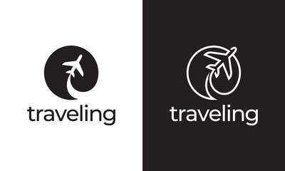 tour and travel logo design. airplane with circle icon vector illustration.