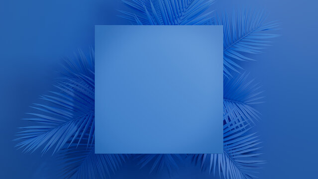 Square Botanical Frame with Palm Plant Border. Blue, Trendy Design with copy-space.
