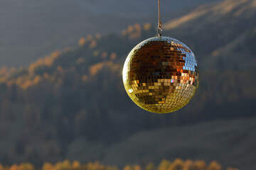 Golden disco mirror ball with mountain forest background