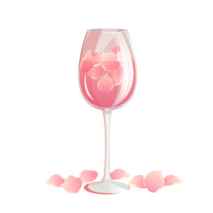 Cocktail with rose petals in a glass.Pink champagne, wine for Valentine's day,wedding.Vector illustration on a white background.