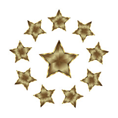 Set of Golden stars surrounded a bistar in the center on dark background, used in number one premium level and 100% satisfaction guarantee concept design.