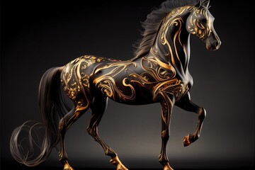 Gorgeous ornate horse isolated on dark background. Generative art