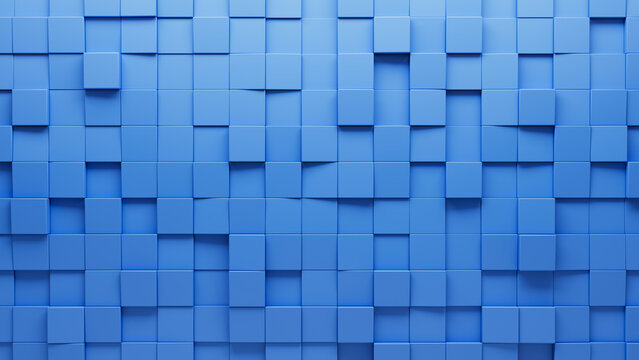 Semigloss, Futuristic Mosaic Tiles arranged in the shape of a wall. Square, Blue, Blocks stacked to create a 3D block background. 3D Render