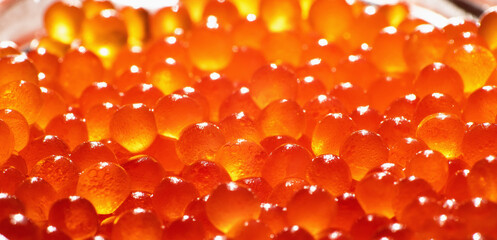 Juicy fresh Red Caviar macro close-up. Healthy seafood reach with omega.