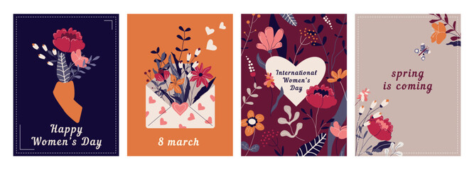 Happy Women's Day greeting card set. March 8 holiday postcards with spring cartoon flowers, gifts. Festive blooming templates for poster, invitation, flyer. Vector design