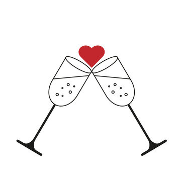 An image of two glasses of champagne for two lovers, with a heart between them. Valentine's Day