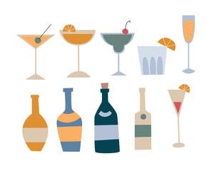 vector set of elements of bottles and glasses. cocktails, champagne, margarita, olive, orange. Clipart for postcards, banner posters and flyers. Isolated elements on a white background. 
