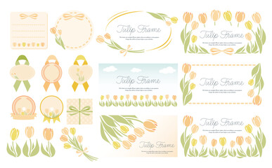 シンプル可愛い春のお花のチューリップフレームとイラストのセットベクター素材_黄色オレンジ_横長
