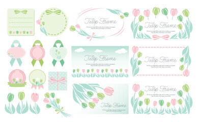 シンプル可愛い春のお花のチューリップフレームとイラストのセットベクター素材_ピンク緑系_横長