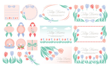 シンプル可愛い春のお花のチューリップフレームとイラストのセットベクター素材_赤色青色_横長
