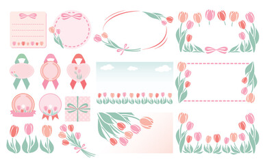 シンプル可愛い春のお花のチューリップフレームとイラストのセットベクター素材_ピンク赤_文字なし