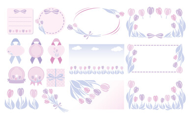 シンプル可愛い春のお花のチューリップフレームとイラストのセットベクター素材_紫系パステルカラー_文字なし