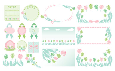 シンプル可愛い春のお花のチューリップフレームとイラストのセットベクター素材_ピンク緑系_文字なし