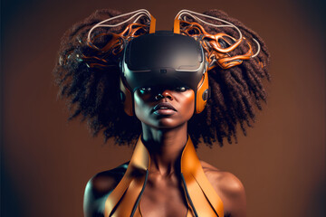 Futuristische Frau mit VR Headset, Editorial Fotografie - KI generiert