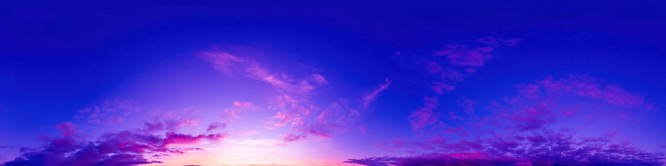 Dark blue magenta twilight sky panorama with Cumulus clouds. Seamless hdr 360 panorama in spherical...