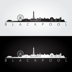 Blackpool skyline and landmarks silhouette, black and white design, vector illustration. - obrazy, fototapety, plakaty