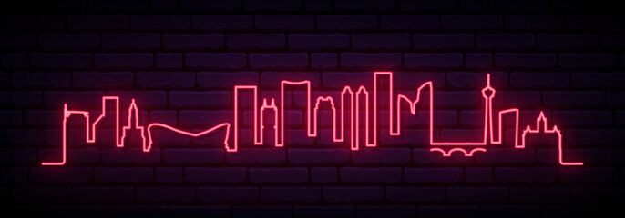 Obraz premium Red neon skyline of Calgary. Bright Calgary City long banner. Vector illustration.