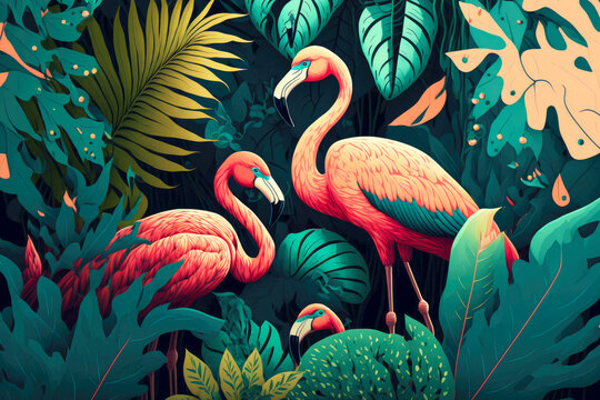 Three cute pink flamingos hide in thickets of palm branches and various plants © altitudevisual