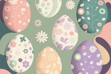 Background pattern with easter eggs with flowers ornaments. Generative AI