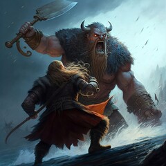Viking fighting a berserker in the mountains - obrazy, fototapety, plakaty