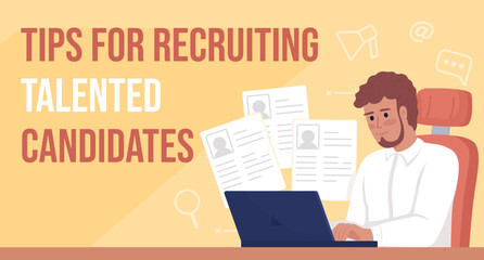 Tips for recruiting talented candidates flat vector banner template. Hiring top talents employees poster, leaflet printable color designs. Editable flyer page with text space. Bebas Neue font used