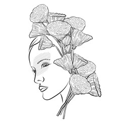 Abstract composition with lotuses and a profile of a girl. Linear minimalistic print. - 563841523