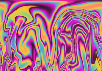 Abstract 70s hippie-style psychedelic background with neon iridescent streaks and stains.