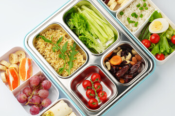 Healthy food delivery in take away box on white background