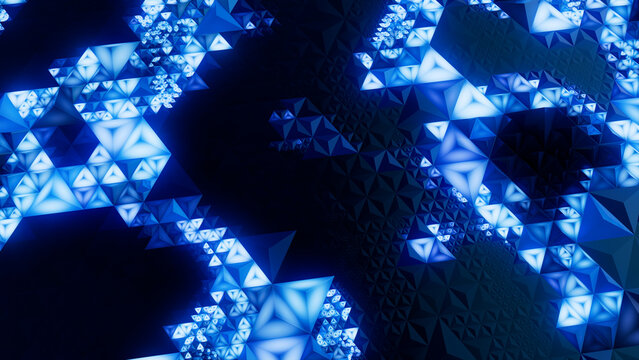Neon High Tech Surface with Triangular Pyramids. Illuminated, Blue Three-Dimensional 3d Wallpaper.