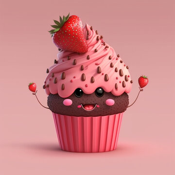 cute cupcake character with strawberry and chocolate, Generative AI