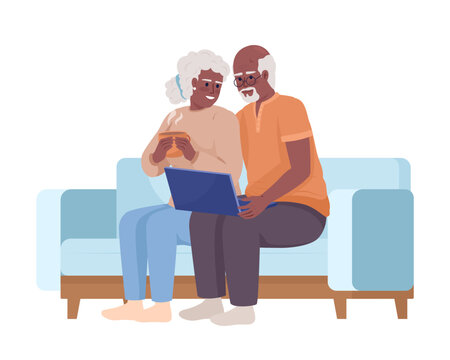 Senior couple using laptop semi flat color vector characters. Learning notebook. Editable figures. Full body people on white. Simple cartoon style illustration for web graphic design and animation