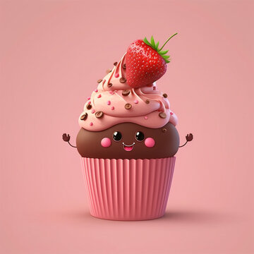 cute cupcake character with strawberry and chocolate, Generative AI