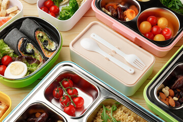 Containers with healthy food on wooden background top view.