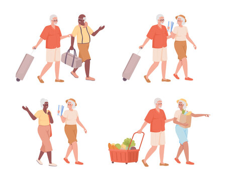 Senior travelers semi flat color vector characters set. Going on trip, shopping. Editable figures. Full body people on white. Simple cartoon illustration pack for web graphic design and animation