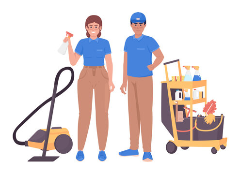 Professional janitorial services workers semi flat color vector characters. Editable figures. Full body people on white. Simple cartoon style illustration for web graphic design and animation