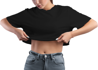 Mockup of a black crop top on a girl's body, png, canvas bella, front