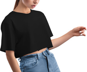 Obraz premium Mockup of a black crop top on a girl's body, png, canvas bella, front