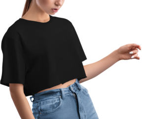 Mockup of a black crop top on a girl's body, png, canvas bella, front