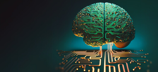 Brain made of circuits in the center of the motherboard, artificial intelligence concept, brain to computer interface Generative AI 