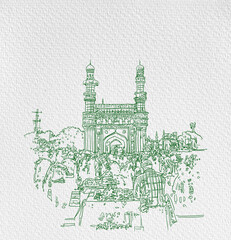 Charminar Hyderabad India, illustration or sketch, hand drawn illustration, Asian illustration.