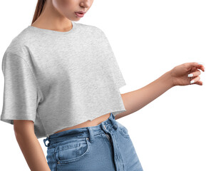 Mockup of a heather crop top on a girl's body, png, canvas bella, front