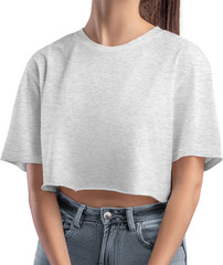 Mockup of a heather crop top on a girl's body, png, canvas bella, front