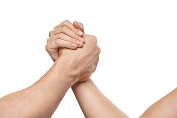 Handshake arm wrestling style by a woman and a man. Friendly, sport handshake gesture concept...